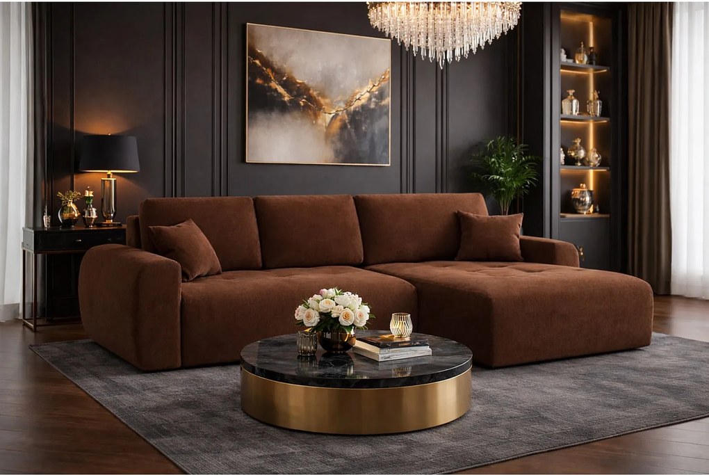 Narożnik w kształcie L z funkcją spania i pojemnikiem Ivo L, tkanina welurowa Salvador, Ciemnobrązowy, Prawy