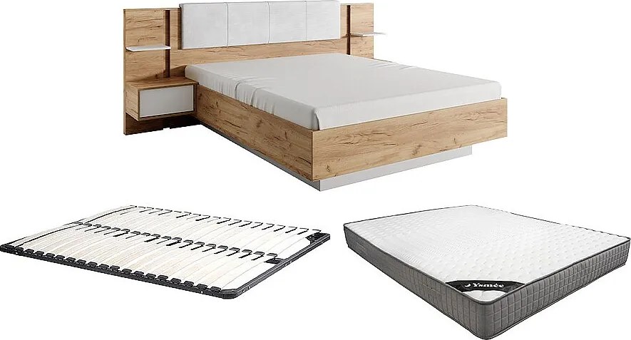 Łóżko z szafkami nocnymi 160 x 200 cm - Z LEDami - Kolor: Naturalny i biały + Stelaż + Materac - ELYNIA