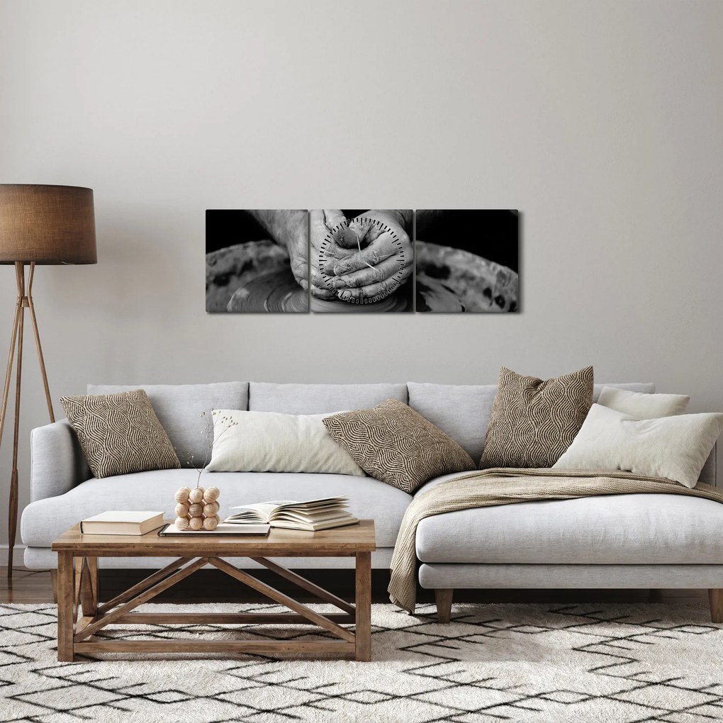 Obraz czarno-biały - garncarstwo (z zegarem) (90x30 cm)