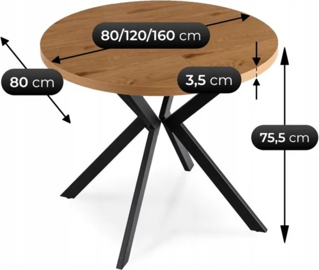 Stół Okrągły Rozkładany DORIAN 80-160 cm Dąb Złoty/Czarny Nowoczesny
