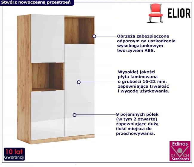 Nowoczesny regał półotwarty dąb craft + biały połysk - Azarox 6X