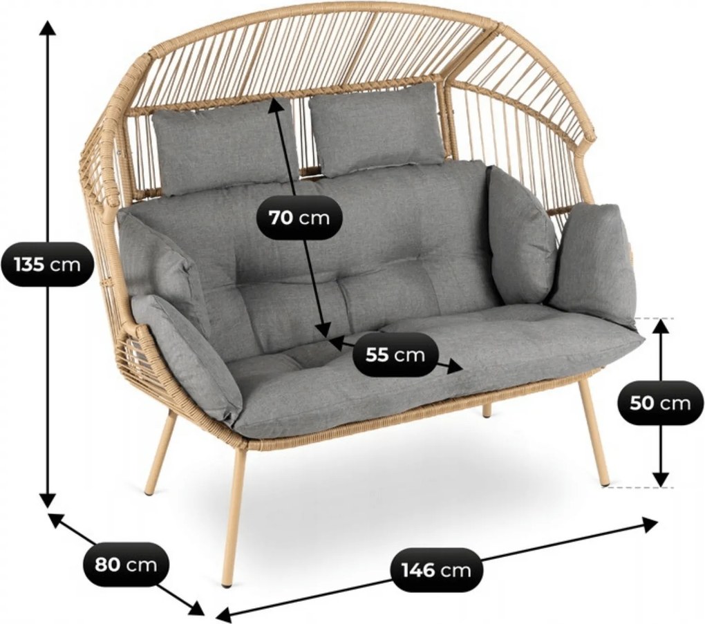 Fotel ogrodowy 2-osobowy kokon Belira, technorattan, boho, z szarymi poduszkami