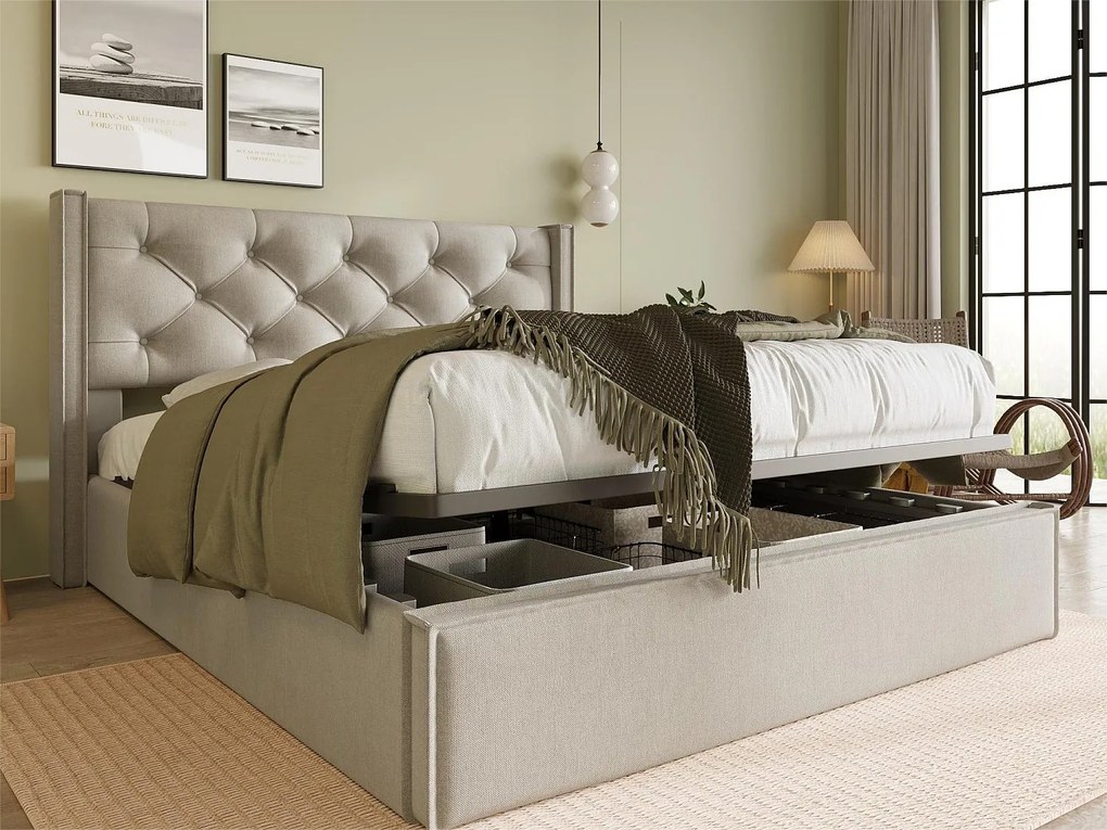 Łóżko ze schowkiem 140 x 200 cm - len - stelaż listwowy - jasnoszary