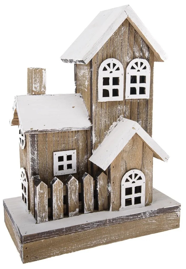 Świąteczna dekoracja LED Drewniany domek pokrytyśniegiem, 19 x 32 x 24 cm