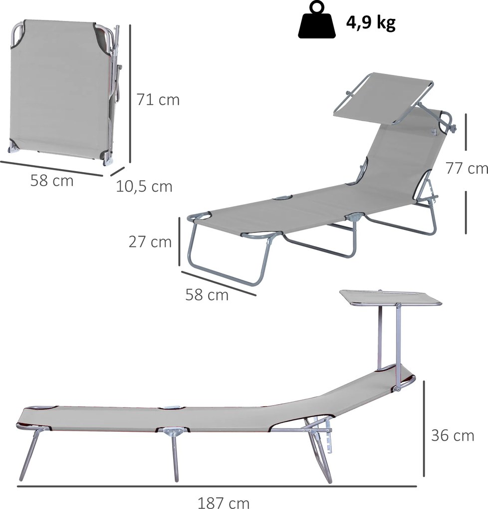 Outsunny Leżak ogrodowy składany z daszkiem przeciwsłonecznym na plażę wellness szary 187x58x36 cm | Aosom PL