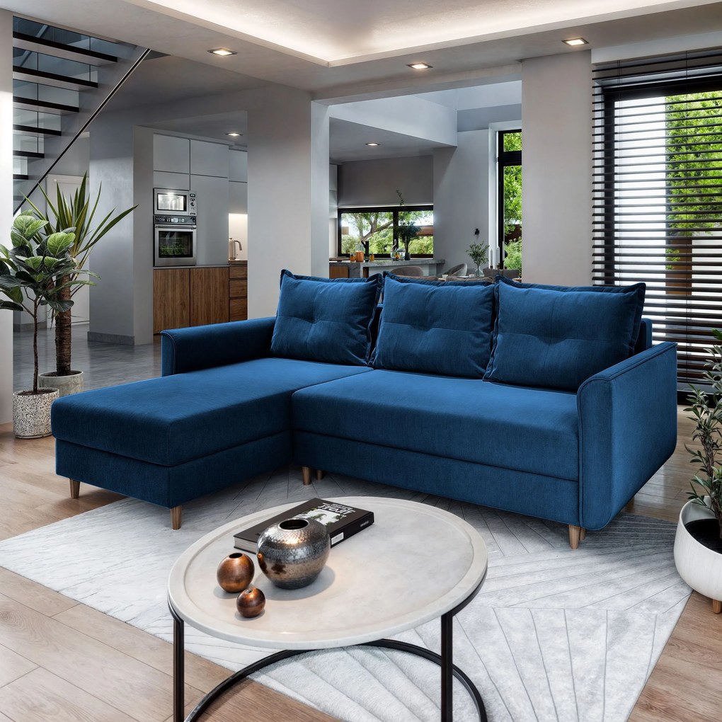 Masseno Narożnik PISAN z funkcją spania i pojemnikiem na pościel Narozniki L, Rozkładana sofa - Niebieski, KRONOS 09
