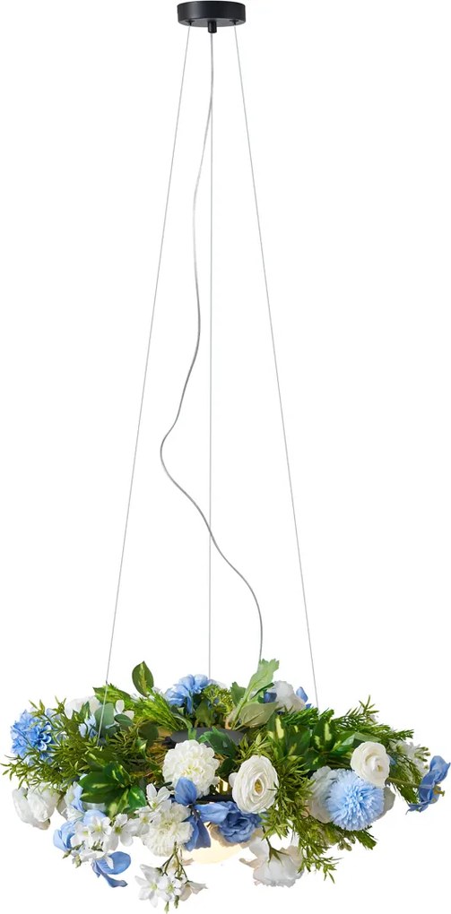 Bohemska lampa wisząca czarna z kolorowymi kwiatami niebiesko-białymi - Flower Power