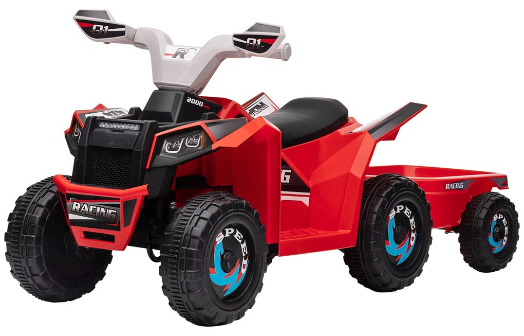 HOMCOM Elektryczny Quad dla Dzieci z Przyczepką, 2,5 km/h, do 50 Minut Jazdy, dla Dzieci 1,5-3 Lata, do 25 kg, Czerwony