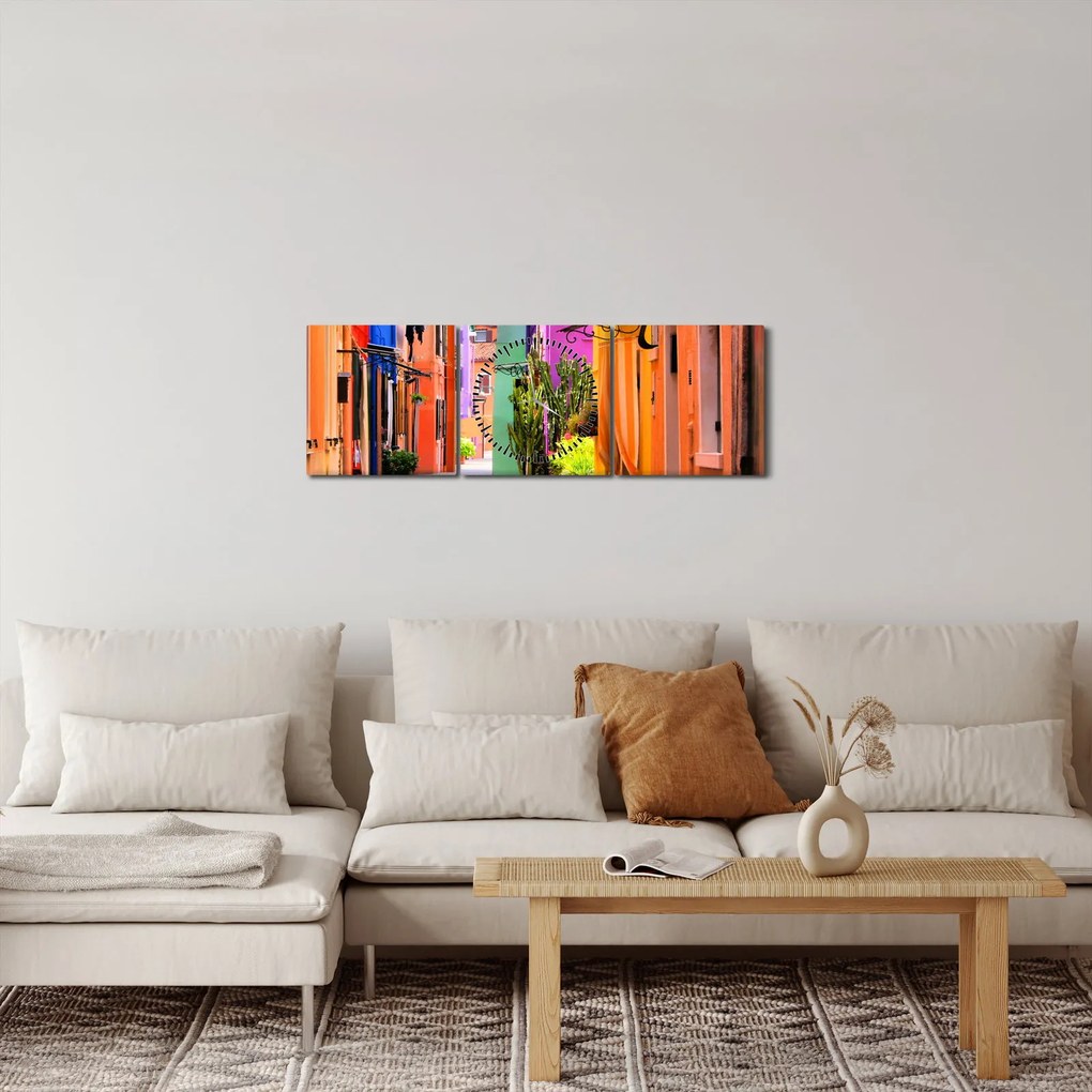 Obraz kolorowej włoskiej ulicy (z zegarem) (90x30 cm)