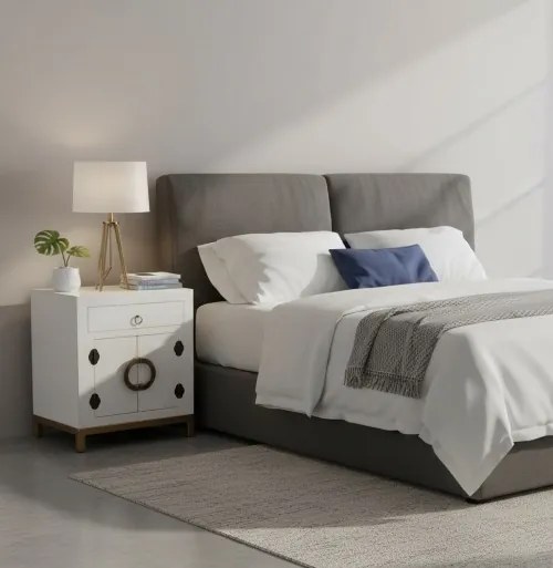 Komoda, stolik nocny, metalowe okucia, styl azjatycki, biały.