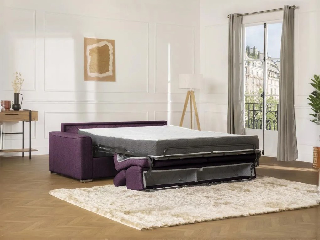 Kanapa 3-osobowa z ekspresowym mechanizmem rozkładania z tkaniny VIZIR - Kolor: fioletowy - Miejsce do spania: 140 cm - Materac 22 cm