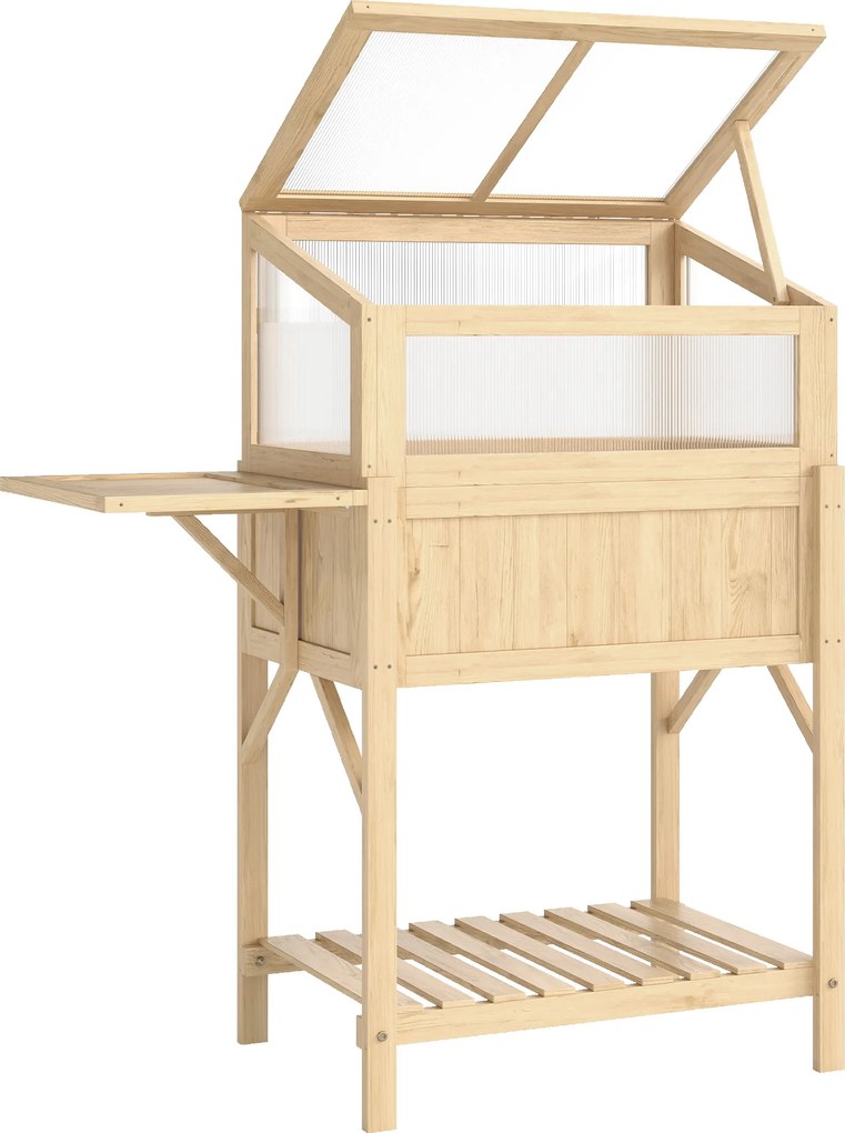 Outsunny Podwyższona grządka z nasadką szklarniową z drewna Skrzynka do sadzenia ze szklarnią składana boczna półka dolna półka Drewno naturalne | Aosom PL