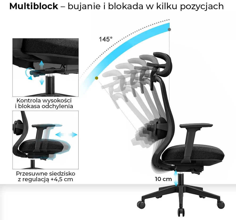 Fotel obrotowy Fizjo z funkcją masażu, zgodny z normą BHP