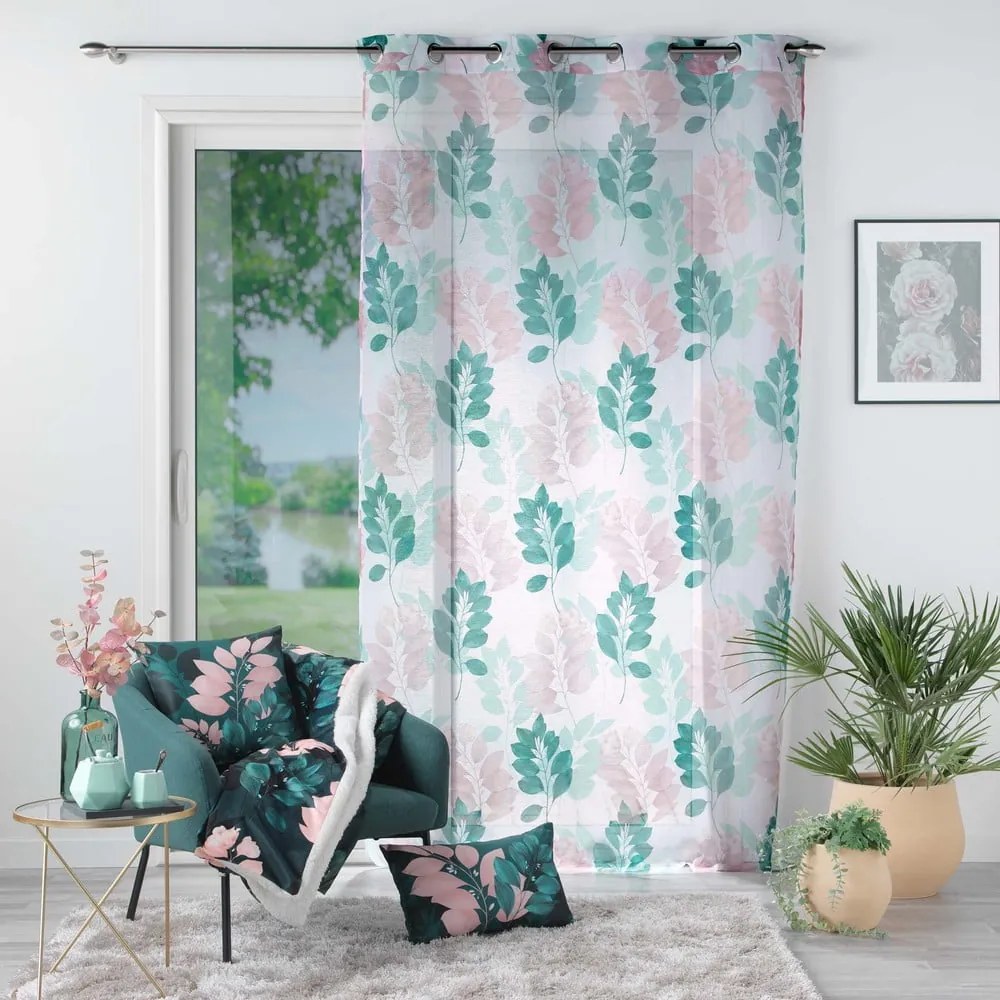 Biało-zielona firanka z woalu 140x280 cm Belline – douceur d'intérieur