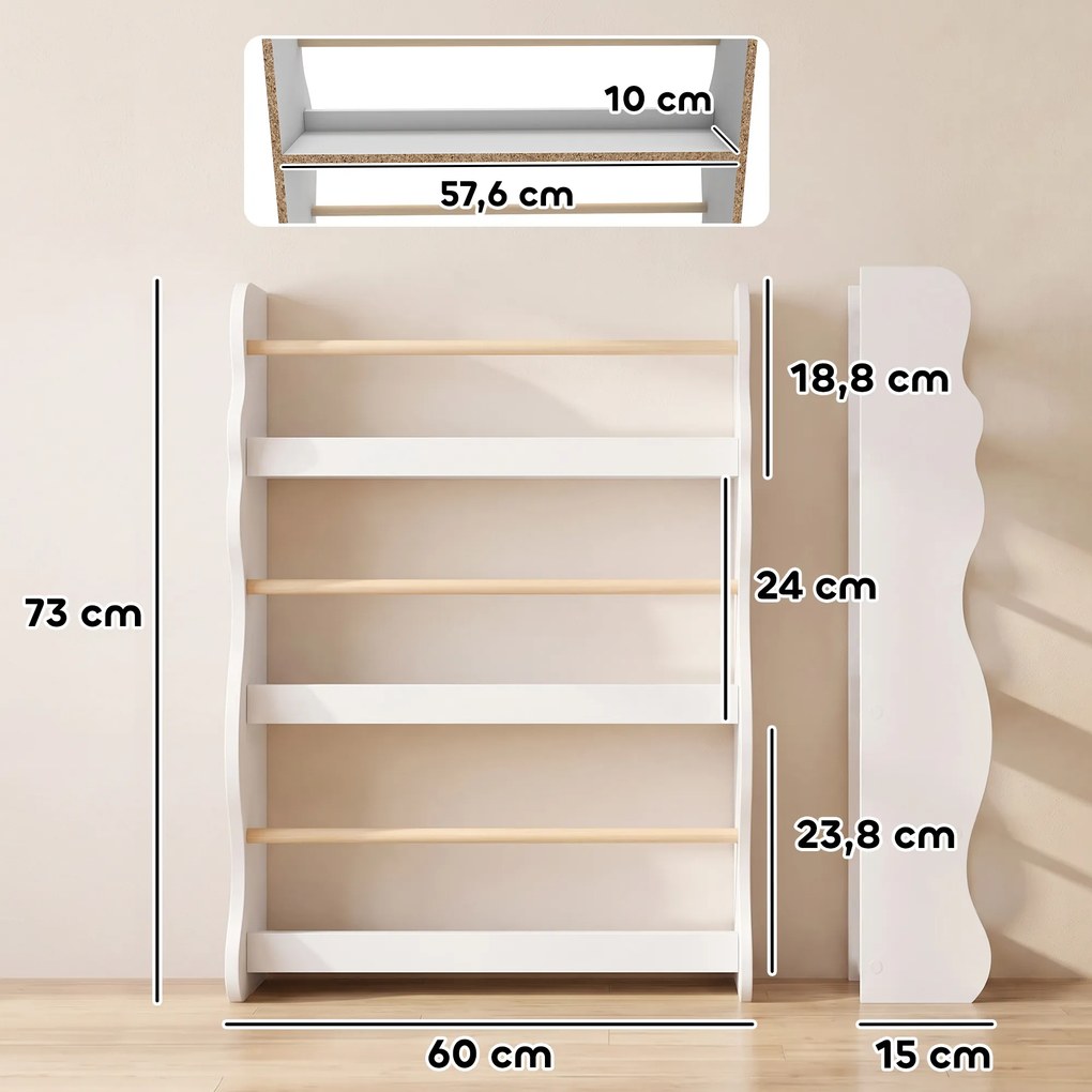 AIYAPLAY Regał na książki dla dzieci, montowany na ścianie regał dziecięcy z 3 poziomami, półka ścienna z Kippschtz 60 x 15 x 73 cm Biały | Aosom PL