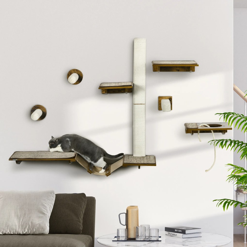 PawHut Zestaw schodków dla kotów, wspinaczka ścienna, 8-elementowy, do 8 kg, solidny, Brązowy/Kremowy