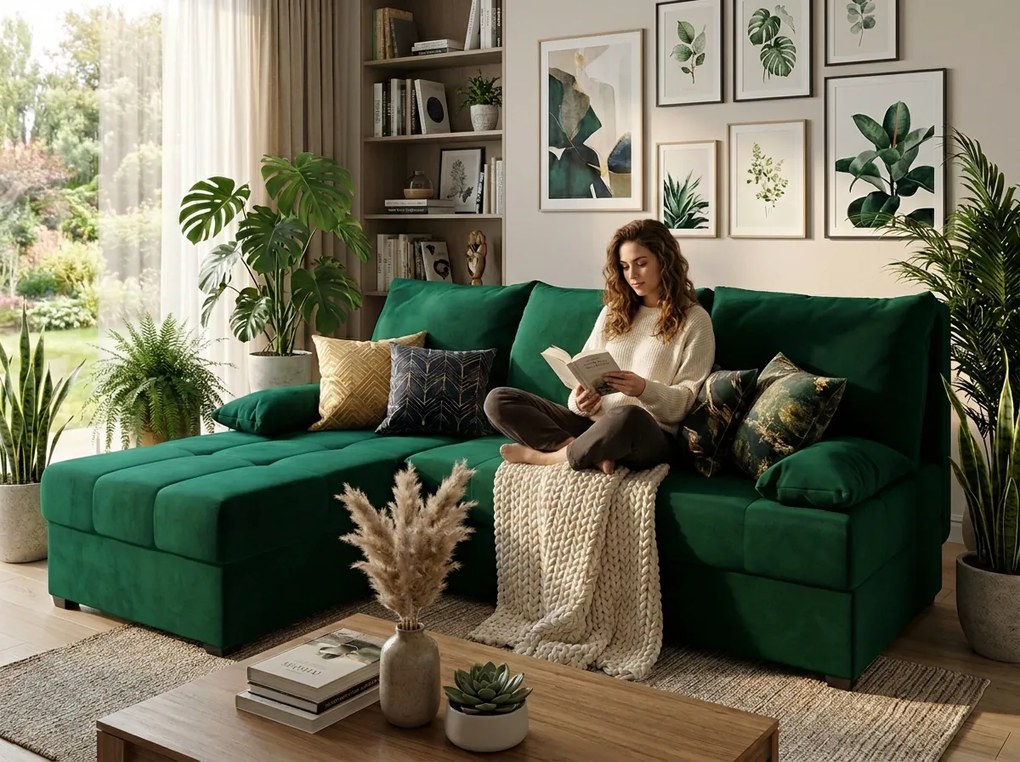 PROMOCJA Ciemnozielona rozkładana narożna sofa ZENA, dwustronna II. klasa