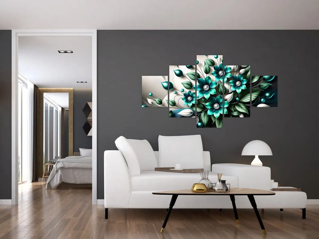 Obraz - 3D turkusowe kwiaty (125x70 cm)