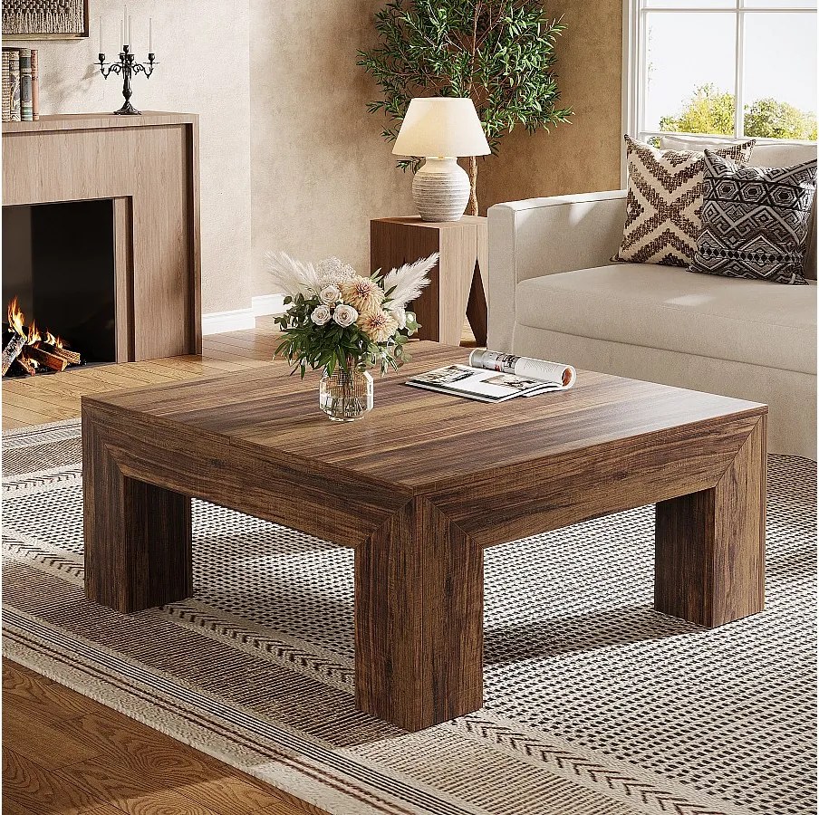 Kwadratowy stolik kawowy do salonu, niski duży stolik kawowy w kolorze ciemnobrązowym