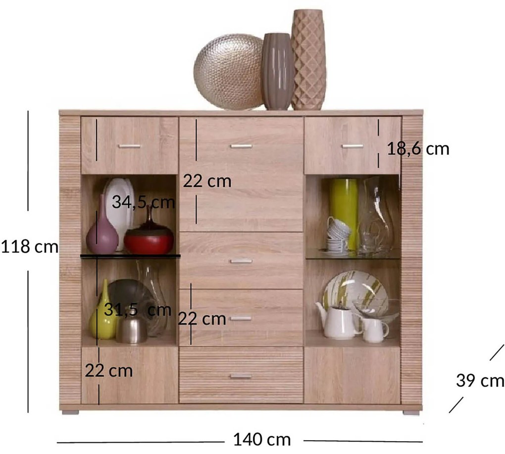 Komoda z Barkiem i Szufladami Przeszklona Drewniana do Jadalni COREA 140 cm Dąb Sonoma Nowoczesna