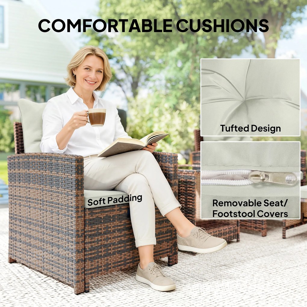 Outsunny Rattanowy zestaw mebli ogrodowych 5-częściowy zestaw balkonowy z 2 krzesłami, poduszkami, podnóżkami, stołem i schowkiem, kremowy | Aosom PL