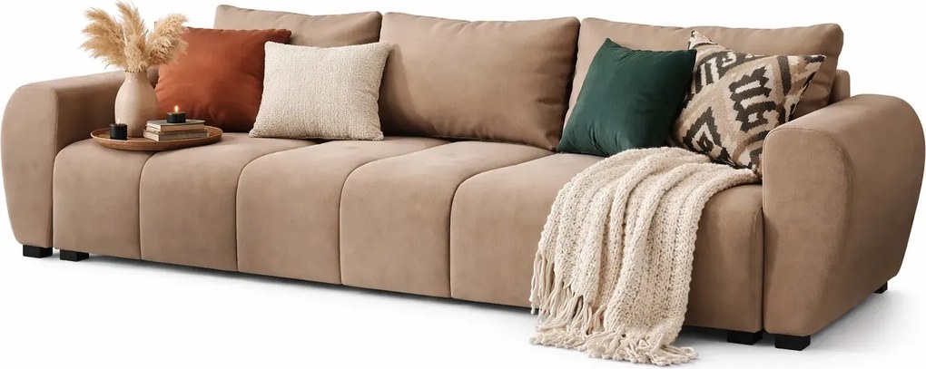 Jasnobrązowa welurowa sofa rozkładana z pojemnikiem B3-M33