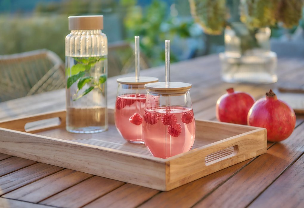 Szklanka ze szklaną słomką i szczelnym wieczkiem z bambusa, 500 ml