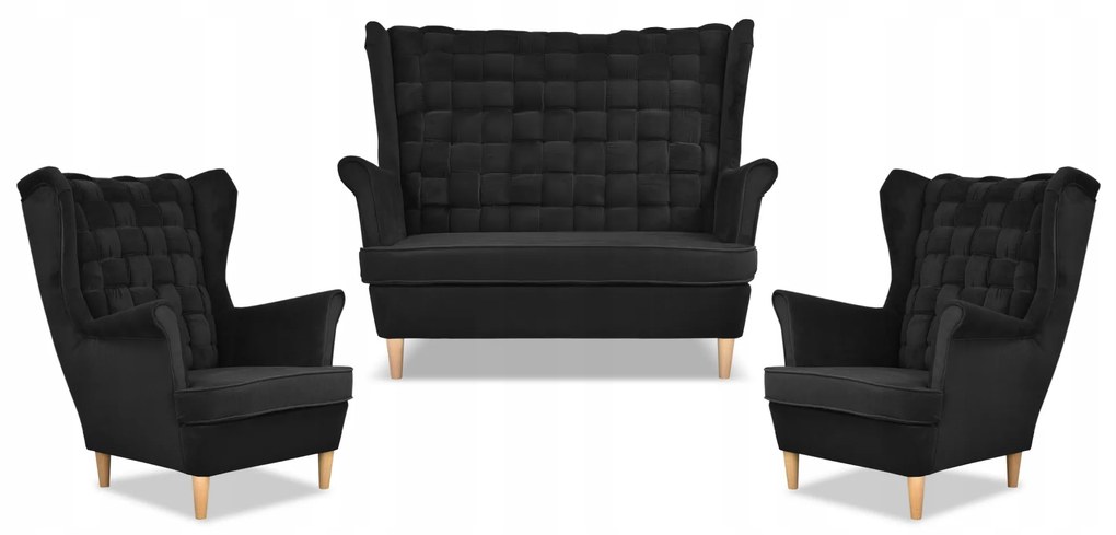 Zestaw wypoczynkowy Carol sofa fotele paski Family Meble czarny