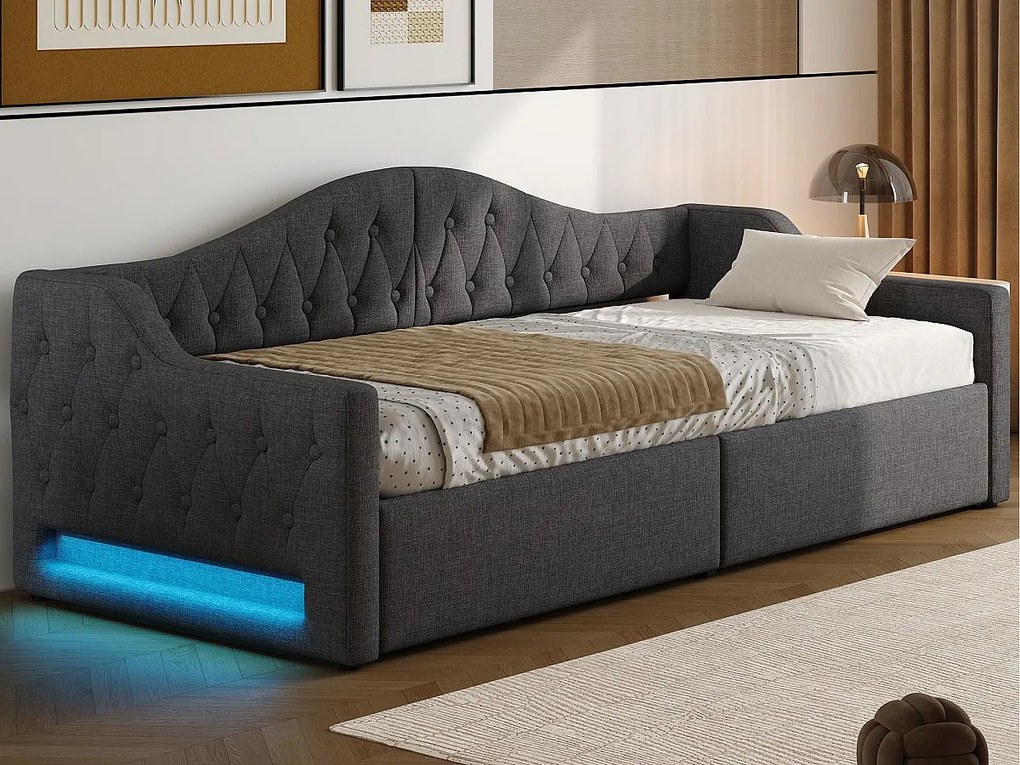 Rozkładana kanapa tapicerowana 90×200 cm - z taśmą LED - schowek - z łóżkiem listwowym - szara