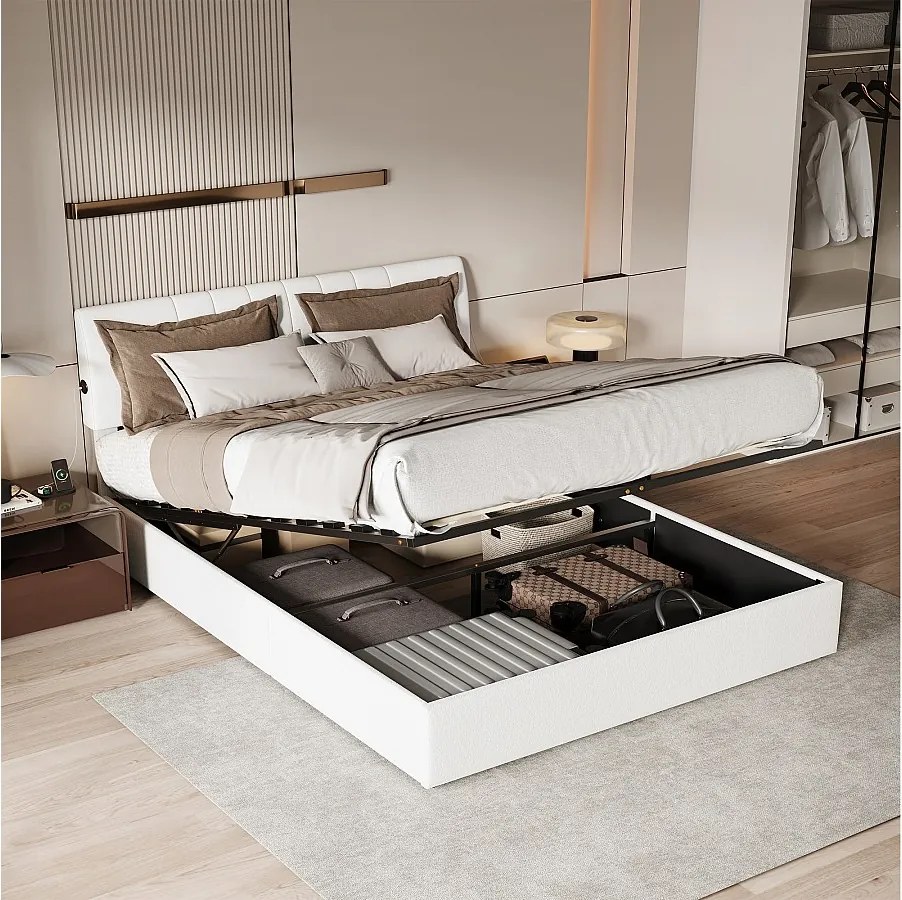 Łóżko chowane w ścianie 140x200 cm z regulowanym zagłówkiem, portami USB-C i USB, wbudowaną przestrzenią do przechowywania – tkanina Teddy w kolorze złamanej bieli