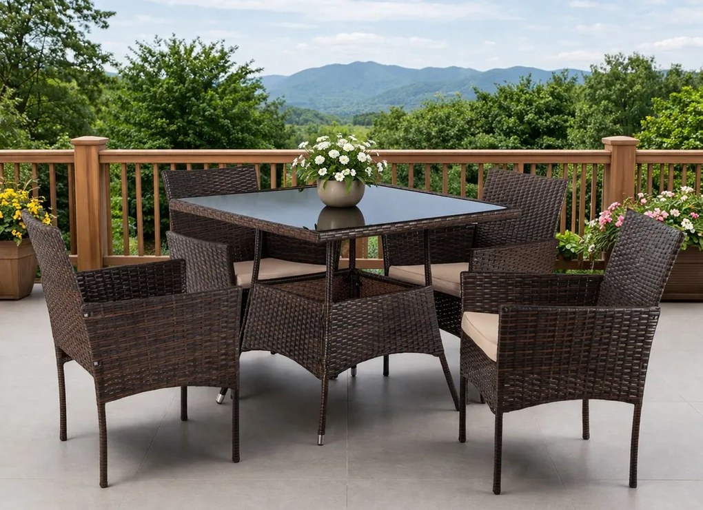 Zestaw mebli ogrodowych dla 4 osób Moreno - stół 90x90 i 4 krzesła, brązowy technorattan