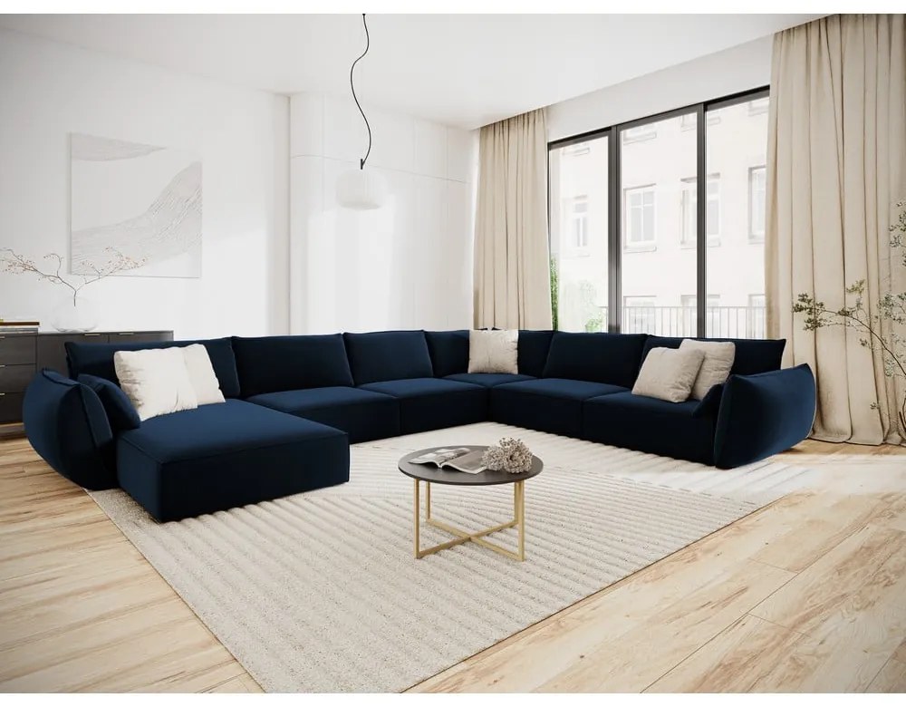Ciemnoniebieski aksamitny narożnik (prawostronny/w kształcie litery U) Vanda – Mazzini Sofas
