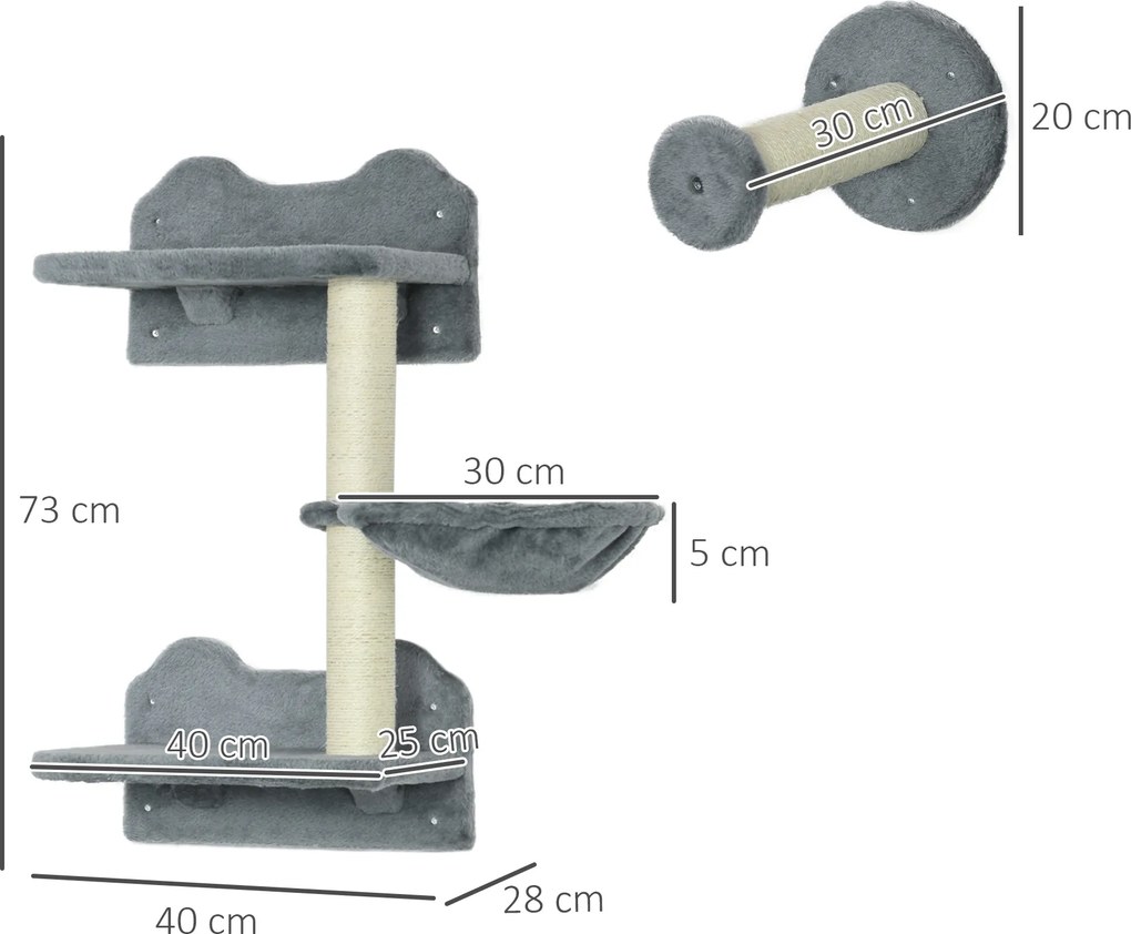 PawHut Drzewko Wspinaczkowe dla Kota Szare z Ścianą do Wspinaczki 40x28x73cm Stabilne i Trwałe | Aosom PL