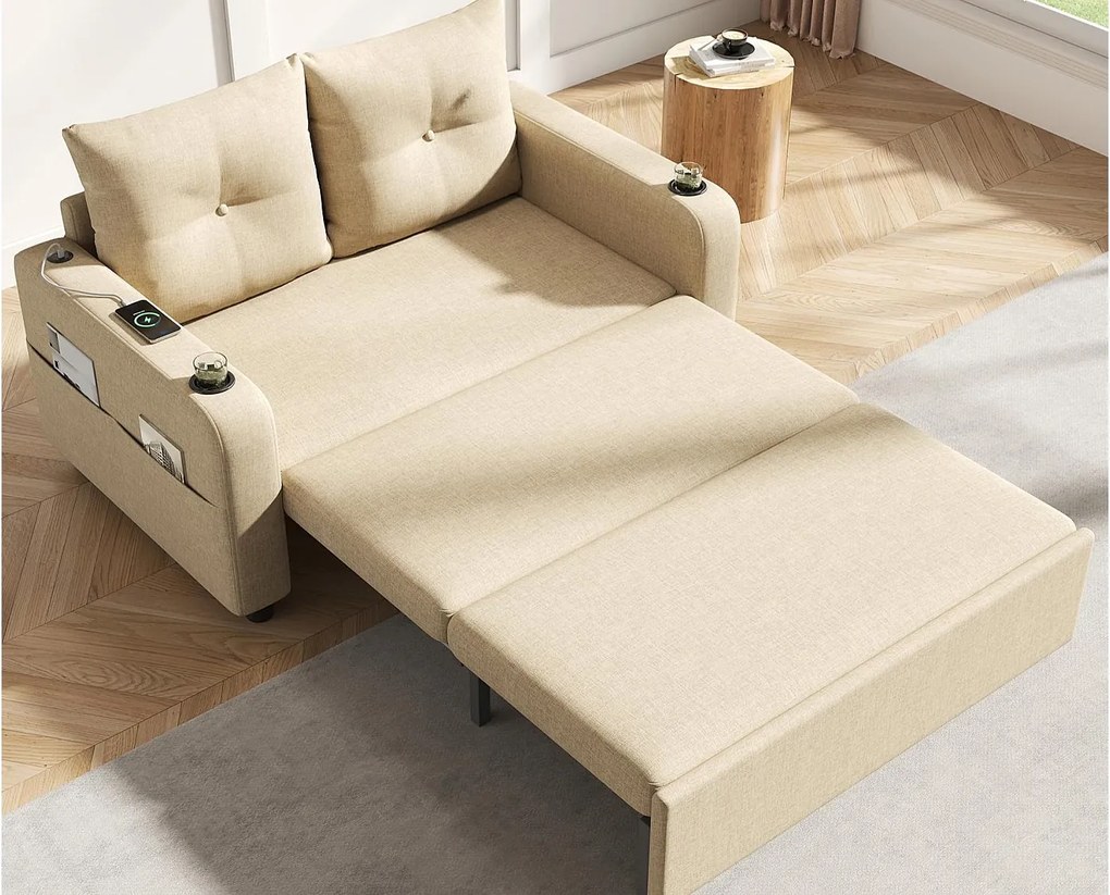 Kanapa rozkładana 2-osobowa 3 w 1 - Model rozkładany - Podstawka na kubek i boczna kieszeń - Poduszka oparciowa - Port USB - bawełna i len - Beżowy