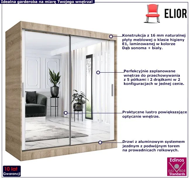 Szafa przesuwna z lustrem dąb sonoma + biały 180 cm - Kukkin 5X
