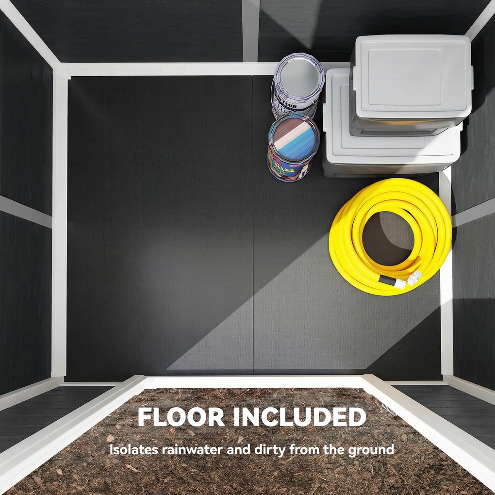 Outsunny Domek ogrodowy 1,1 m² z wyglądem drewna, okno, dwuspadowy dach, wentylacja, podłoga, zamek, rękawice, szary | Aosom PL