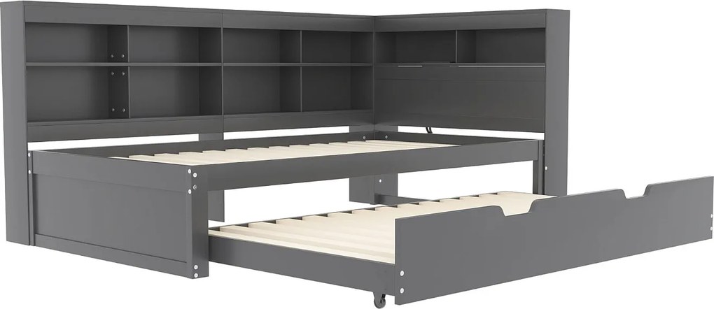 Łóżko wysuwane 90 x 200 cm + 90 x 190 cm z portem USB i schowkiem - drewno sosnowe + MDF - Szare (bez materaca)