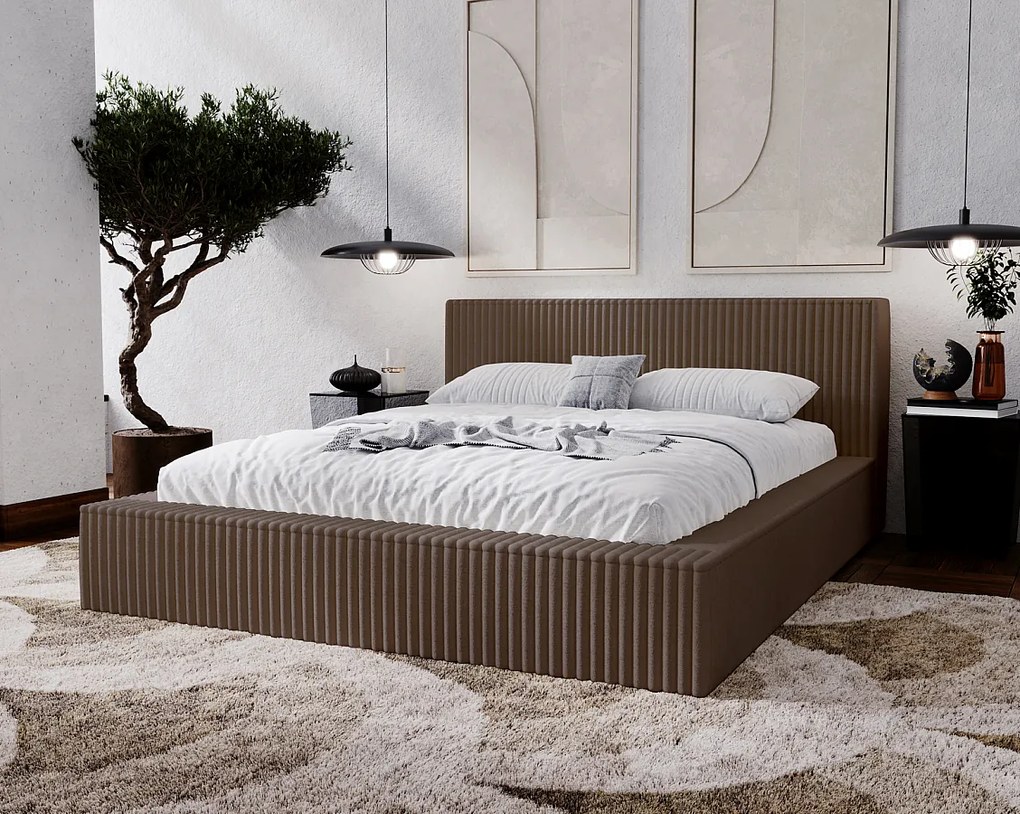 Emporius Buffy łóżko tapicerowane 160x200 - nowoczesne łóżko z pojemnikiem i stelażem, sztruks, brązowy (Vito 45)