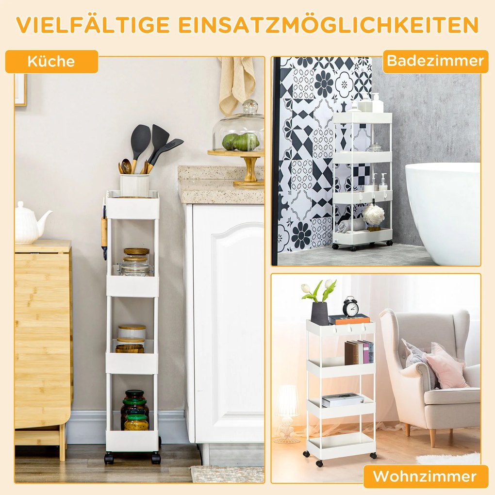 HOMCOM Wózek Kuchenny Niszowy z 4 Półkami 4 Hakami 4 Kółkami Biały 40x19x90cm | Aosom PL