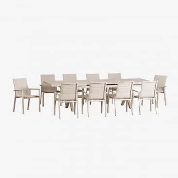 Zestaw Stołu Prostokątnego 240-300x100 Cm Rozkładanego Oraz 10 Sztaplowanych Krzeseł Ogrodowych Z Podłokietnikami Z Aluminium Ka Kremowa Tapioca -
