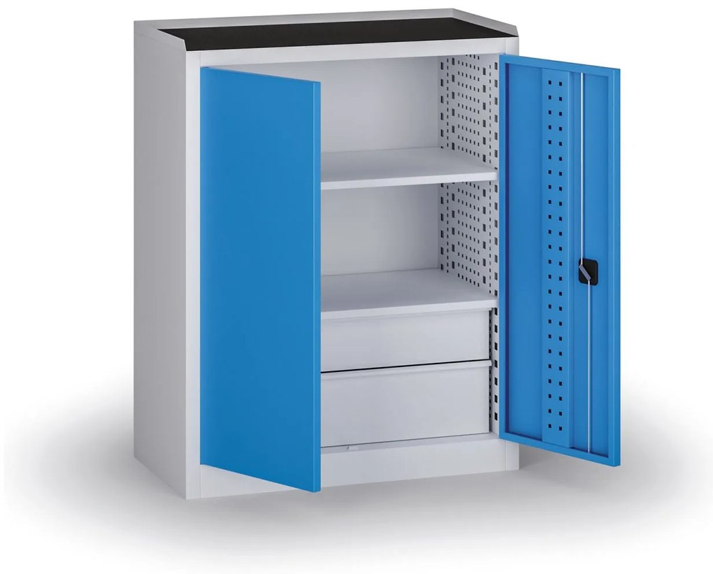 Szafa warsztatowa, 2 półki + 2 szuflady, 1180 × 950 × 500 mm, niebieskie drzwi