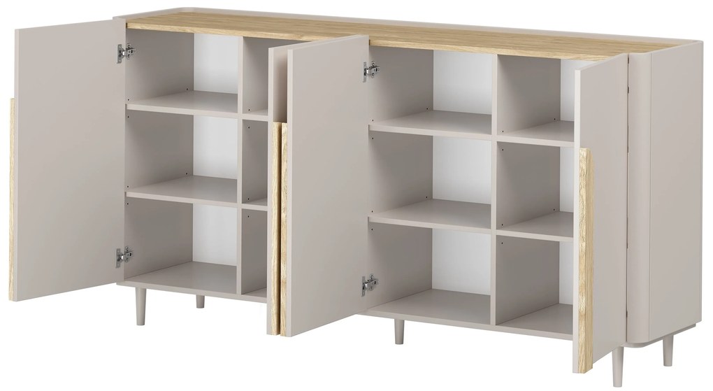 Komoda Amilio 200 cm czterodrzwiowa na nóżkach - kaszmir / dąb olejowany / uchwyty dąb jasny