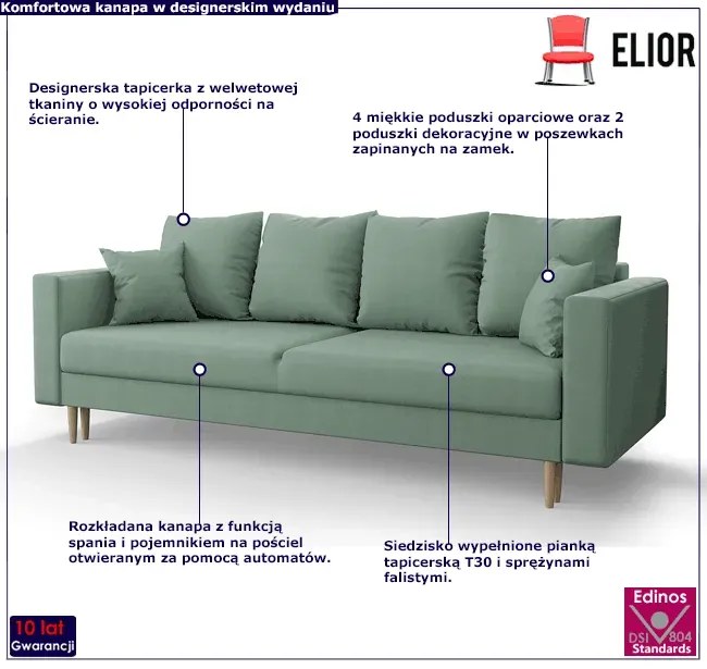 Miętowa sofa rozkładana z pojemnikiem na pościel - Adante