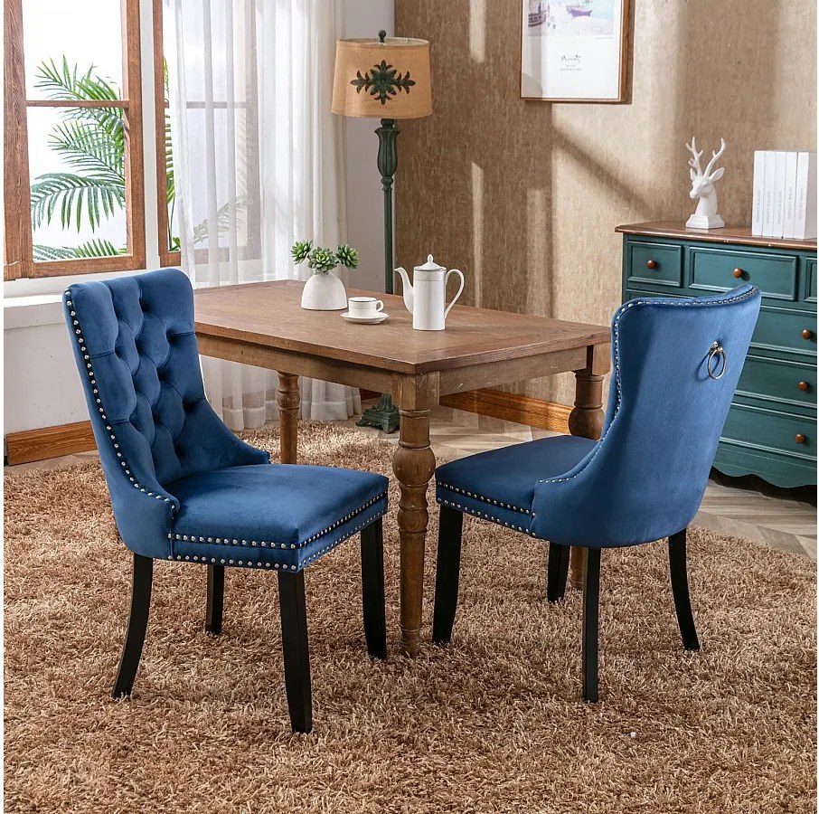 Zestaw 2 krzeseł jadalnianych z niebieskiego aksamitu z ozdobnymi gwoździami i tapicerowanym oparciem