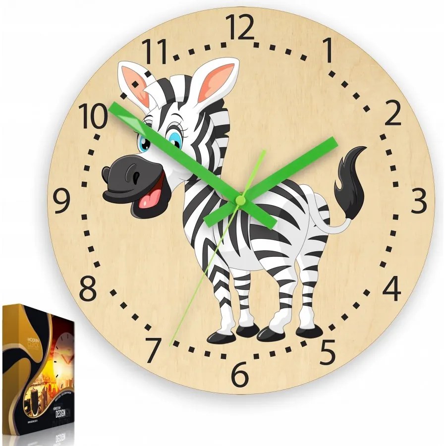 Zegar ścienny cichy do pokoju dziecięcego drewniany nowoczesny zebra kolor