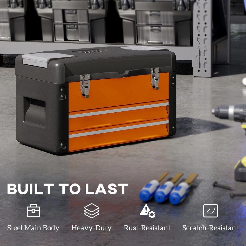 HOMCOM Pusta Skrzynka na Narzędzia, 49,7 x 25,3 x 28,9 cm, Skrzynka z Szufladą i Mini-Skrzyneczką, Stal Pomarańczowa