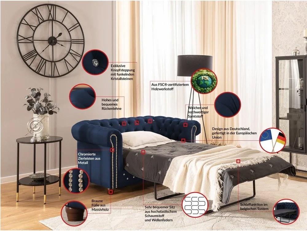 Niebieska aksamitna rozkładana sofa 148 cm York Blik – Ropez