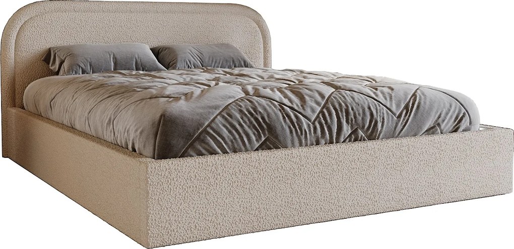 Łóżko bouclé 140x200 Dune, dwuosobowe z okrągłym zagłowiem, pojemnik, stelaż drewniany - beżowy