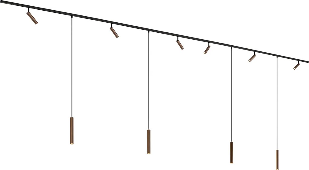 Nowoczesny system oświetlenia szynowego Slimline Uzzy Keno z 6 reflektorami i 4 lampami wiszącymi, ciemny brąz, 1-fazowy