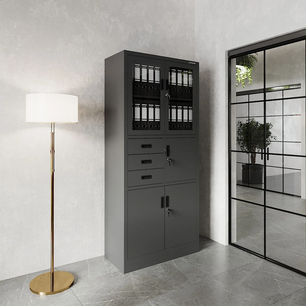 Szafa biurowa metalowa z sejfem, szklane drzwi, antracytowa, 900x1850x400 mm: FILIP